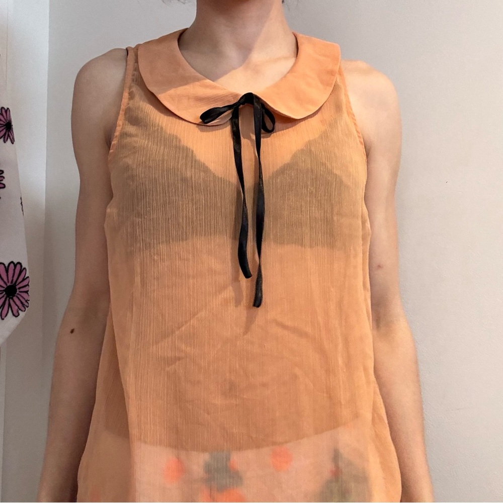 Vintage Forever 21 Orange Sheer Sleeveless Top with Black Ribbon